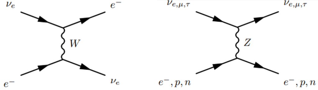 中微子通过W及Z玻色子与电子、质子、中子发生相互作用的费曼图